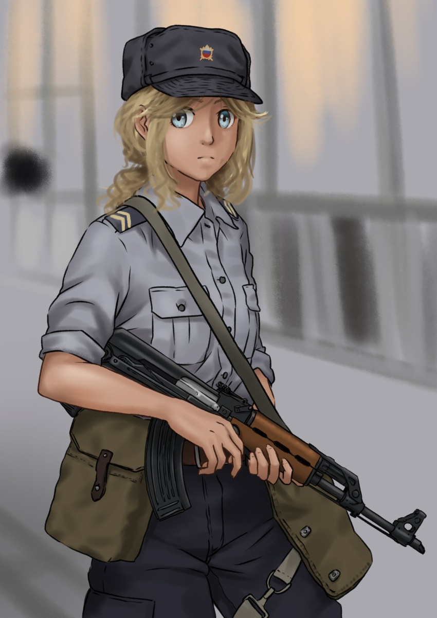 1girl, assault_rifle, bag, belt, belt_buckle, blonde_hair, blue_eyes, blue_headwear