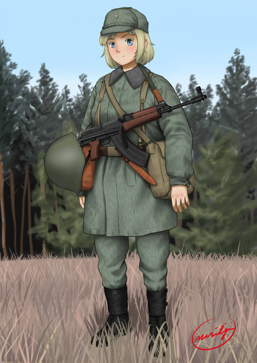 1girl, assault_rifle, bag, belt, belt_buckle, black_footwear, blonde_hair, blue_eyes