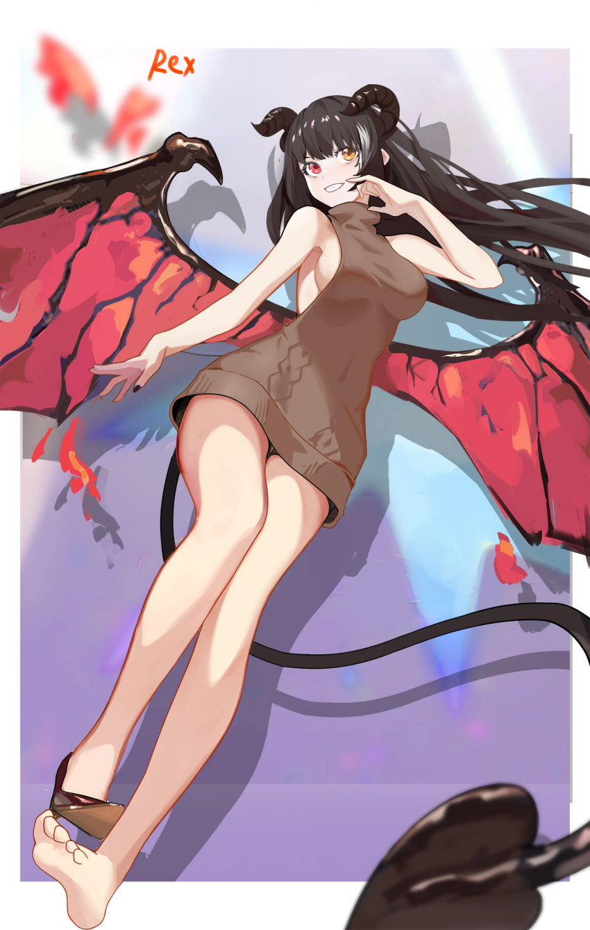 1girl, absurdres, arm_up, artist_name, bangs, bare_legs, barefoot, black_hair