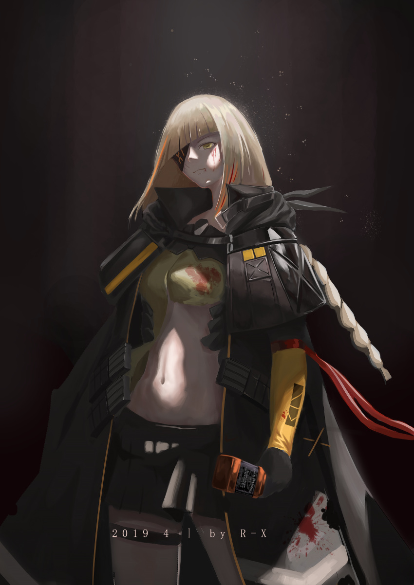 1girl, absurdres, alcohol, artist_name, bangs, black_cloak, black_eyepatch, black_skirt
