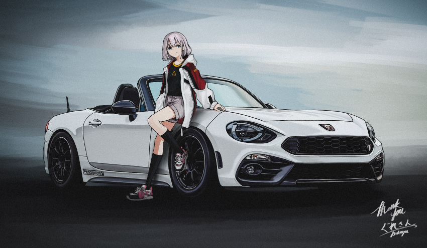 1girl, abarth, absurdres, black_shirt, bokuya, car, commission, fiat_124_spider, green_eyes, grey_eyes, grey_hair, grey_shorts, ground_vehicle, headlight, highres, idolmaster, idolmaster_shiny_colors, jacket, medium_hair, motor_vehicle, serizawa_asahi, shirt, shoes, shorts, signature, skeb_commission, smile, sneakers, thank_you, vehicle_focus, white_jacket