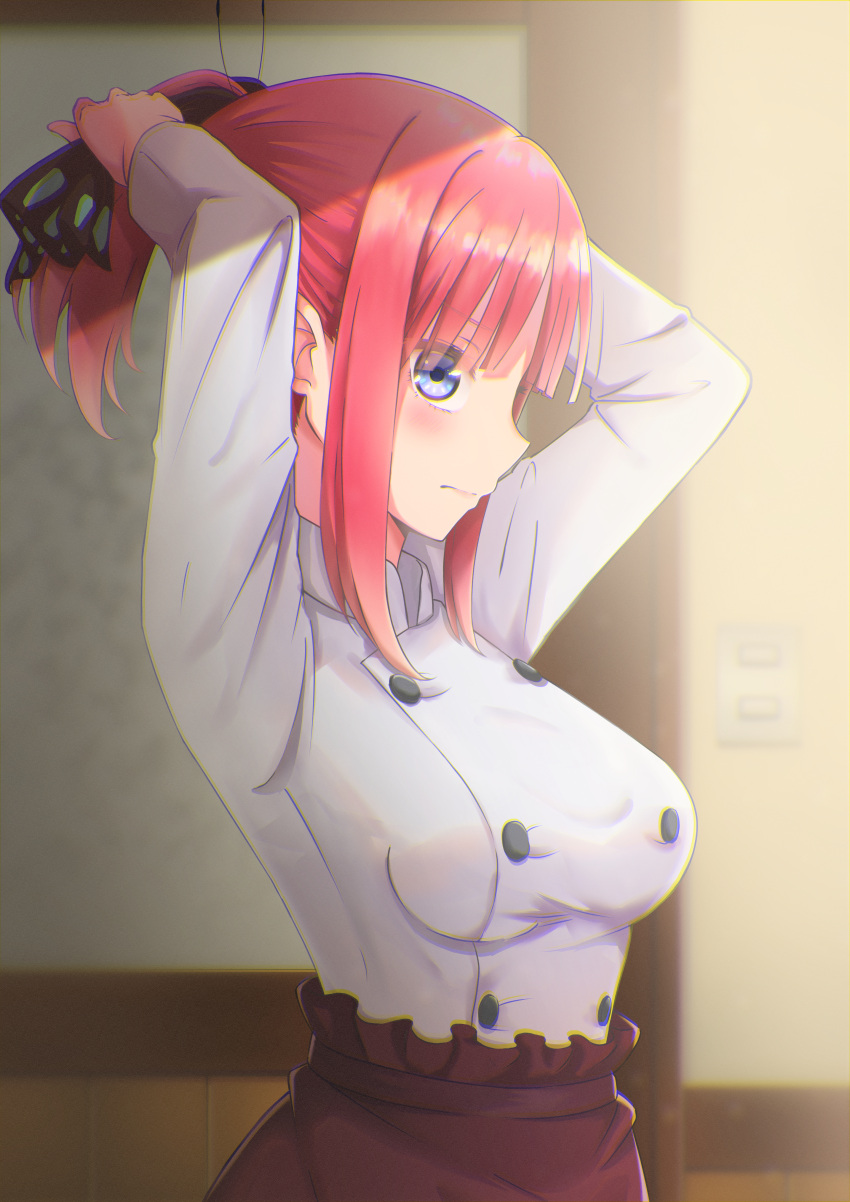 1girl, absurdres, apron, arms_up, bangs, black_ribbon, blue_eyes, blunt_bangs