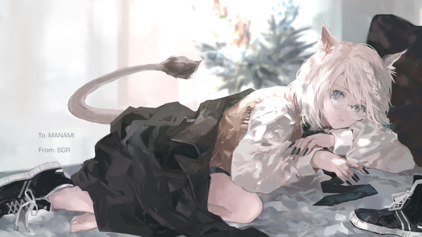 1girl, absurdres, animal_ears, avatar_(ffxiv), beige_vest, black_footwear, black_jacket, black_nails