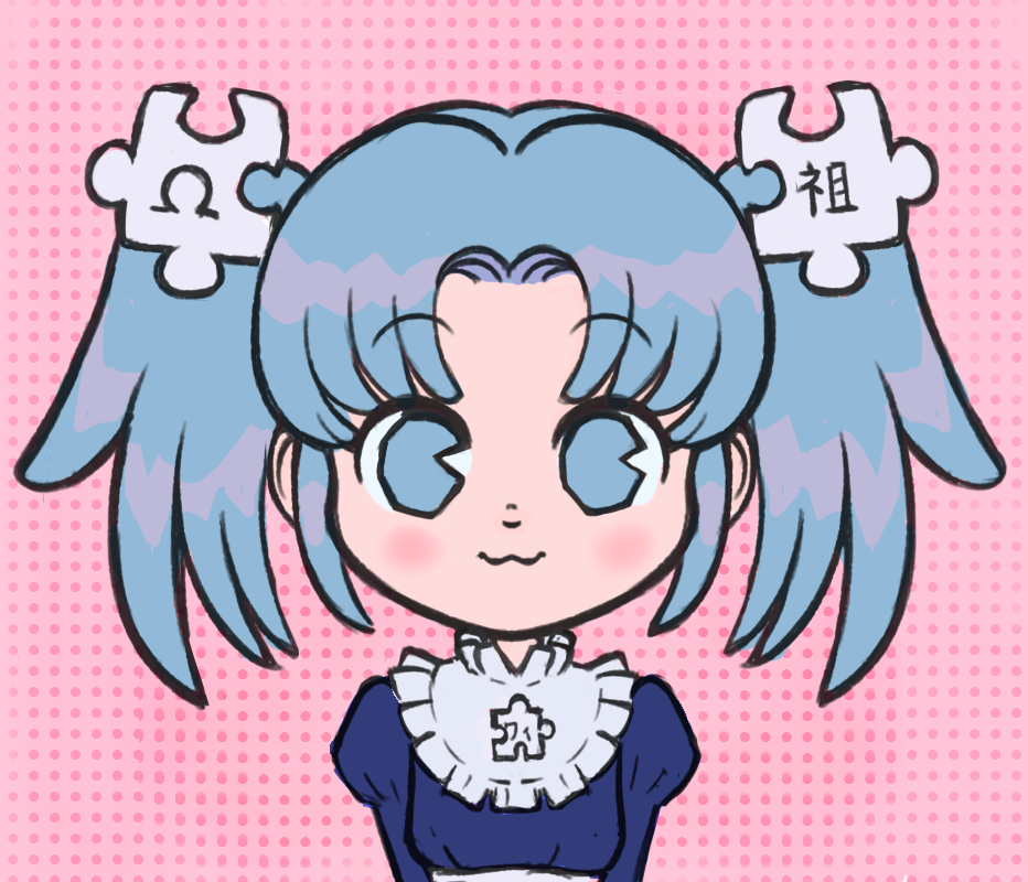 1girl, :3, apron, bangs, blue_dress, blue_eyes, blue_hair, blush