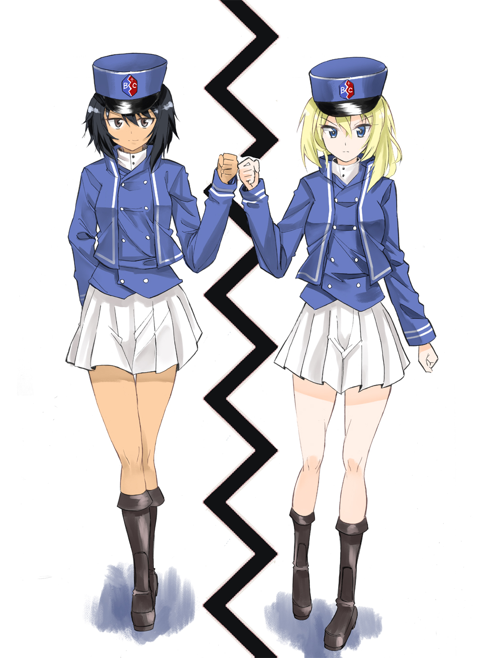 2girls, andou_(girls_und_panzer), arm_behind_back, bangs, bc_freedom_(emblem), bc_freedom_military_uniform, black_eyes, black_footwear