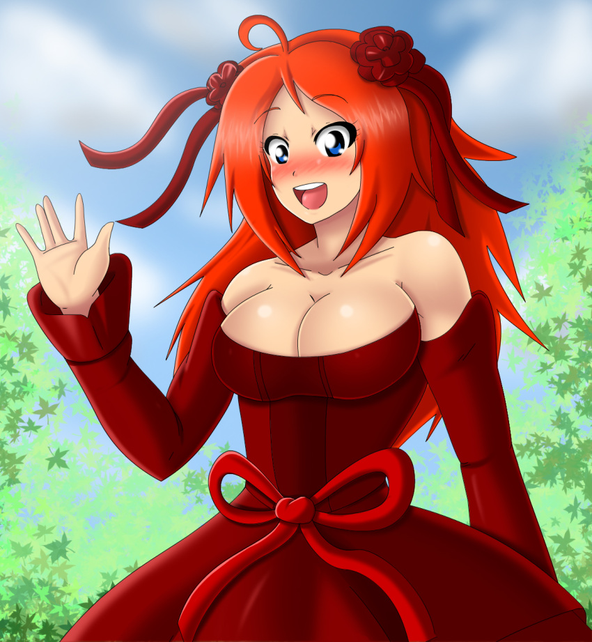 blue_eyes, blush, bocodamondo, breasts, dress, epic_battle_fantasy, highres, huge_breasts