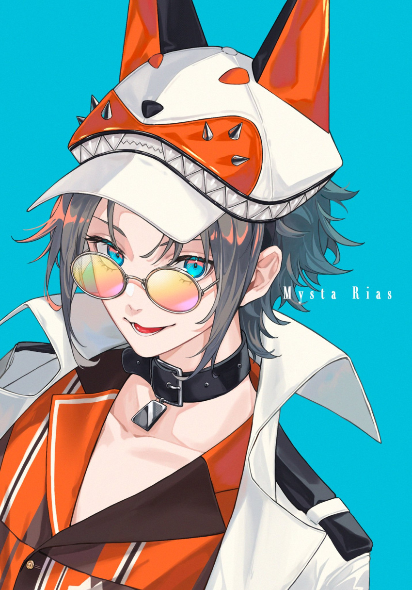 1boy, :3, animal_collar, baseball_cap, black_collar, blue_background, blue_eyes, character_name, collar, collarbone, collared_jacket, collared_shirt, fox_hat, grey_hair, hat, highres, jacket, looking_at_viewer, male_focus, mysta_rias, nijisanji, nijisanji_en, open_mouth, orange_shirt, round_eyewear, shinoi111, shirt, short_hair, simple_background, solo, sunglasses, upper_body, virtual_youtuber, white_jacket
