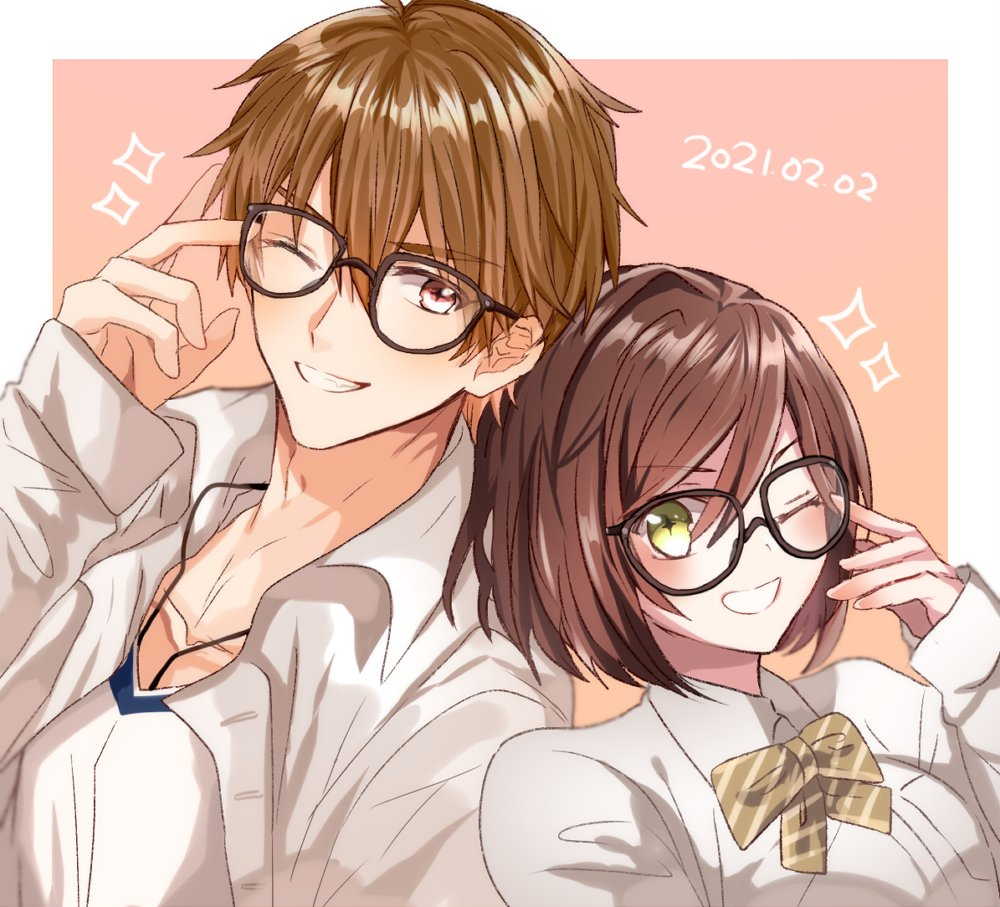 1boy, 1girl, bangs, bob_cut, border, bow, bowtie, brown_bow