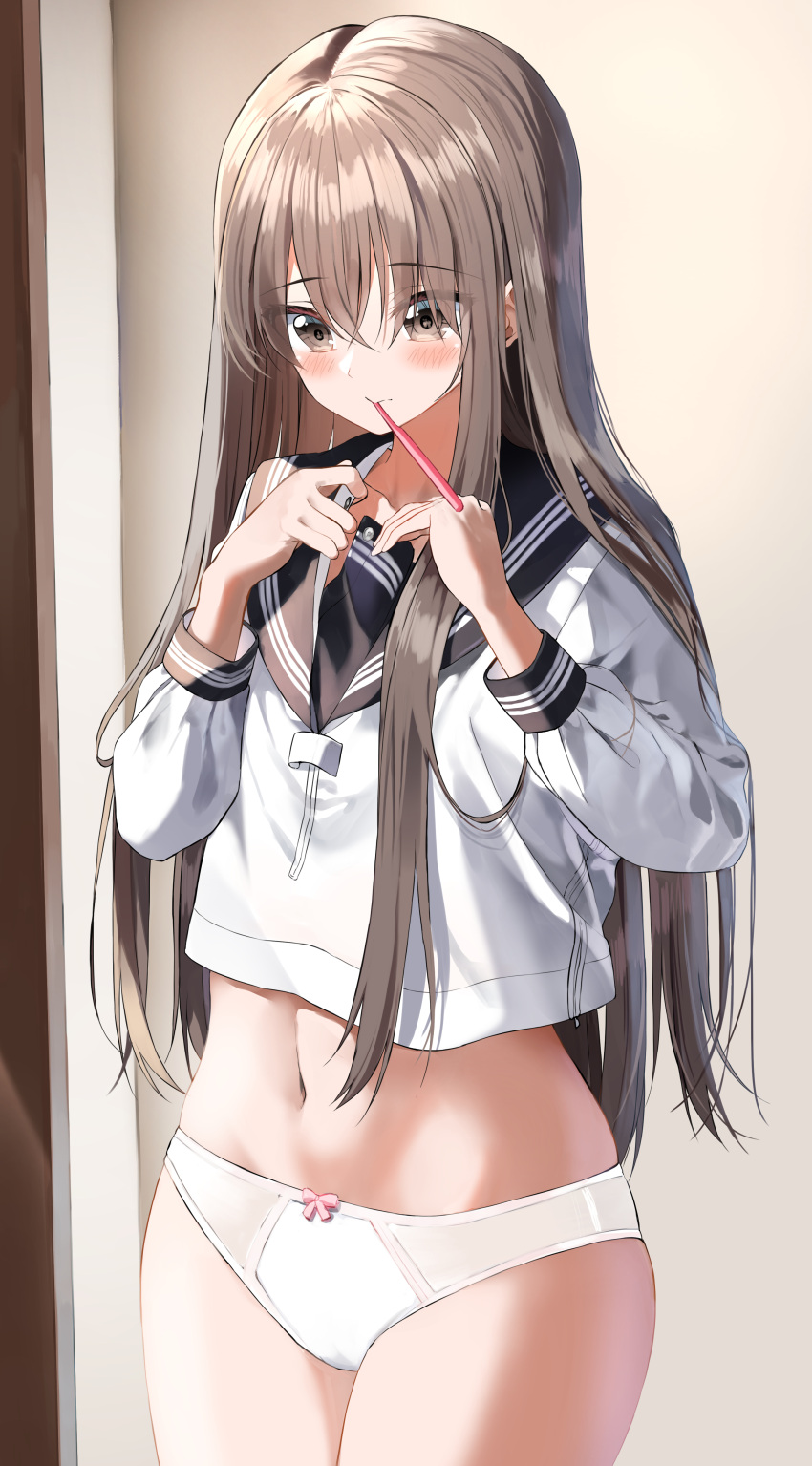 1girl, absurdres, bangs, black_sailor_collar, blush, bow, bow_panties, brown_eyes