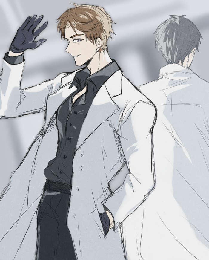 2boys, aaron_yishmir_(tears_of_themis), back, bangs, black_gloves, black_hair, black_pants, black_shirt