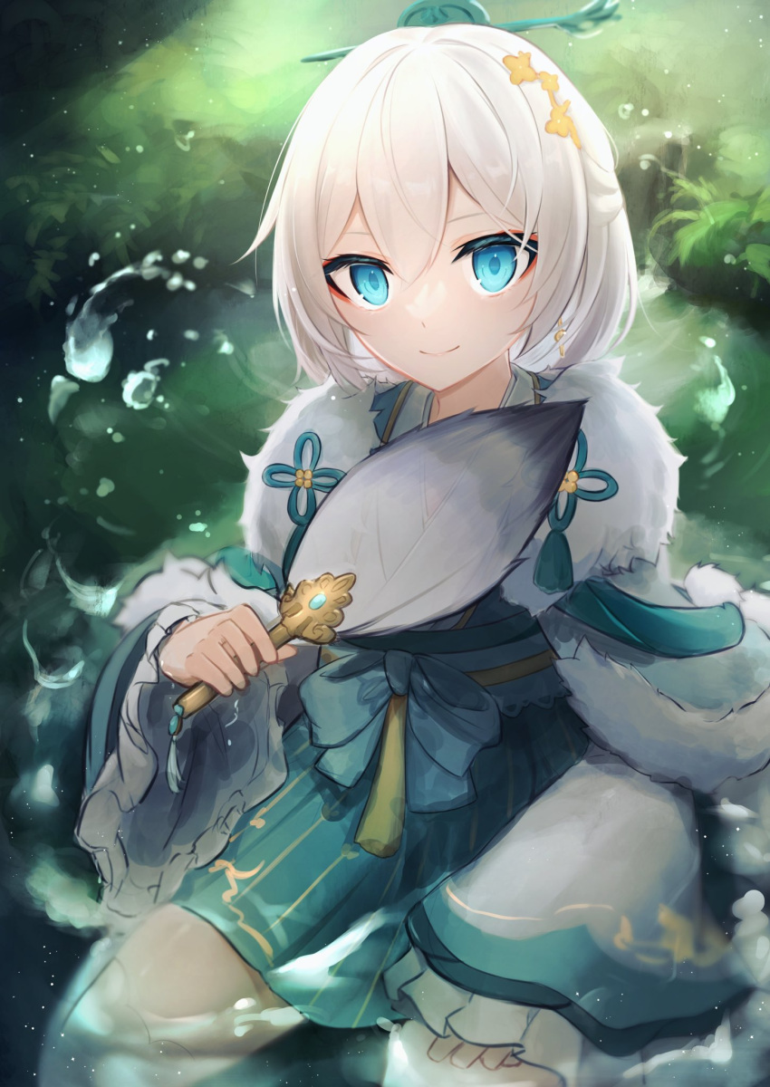 1girl, bangs, blue_eyes, chinese_clothes, earrings, hair_between_eyes, hair_ornament, hand_fan