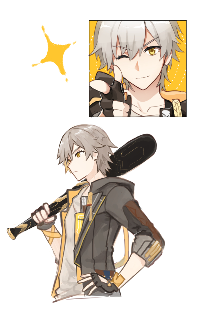 1boy, bang_(gesture), bangs, baseball_bat, closed_mouth, finger_gun, fingerless_gloves, gepard_(honkai:_star_rail), gloves, grey_gloves, grey_hair, grey_jacket, grey_shirt, hand_on_hip, holding, holding_baseball_bat, honkai:_star_rail, honkai_(series), honkai_impact_3rd, jacket, looking_at_viewer, lumbbyz, multiple_views, one_eye_closed, open_clothes, open_jacket, pointing, pointing_at_viewer, shirt, short_hair, simple_background, smile, star_(symbol), white_background, yellow_background, yellow_eyes