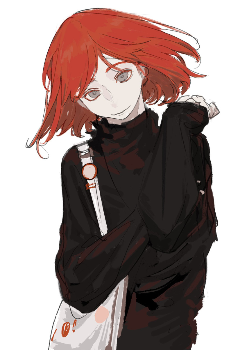 1girl, bag, black_sweater, grey_eyes, handbag, highres, looking_at_viewer, original, redhead, short_hair, smile, sweater, toduring, turtleneck, turtleneck_sweater