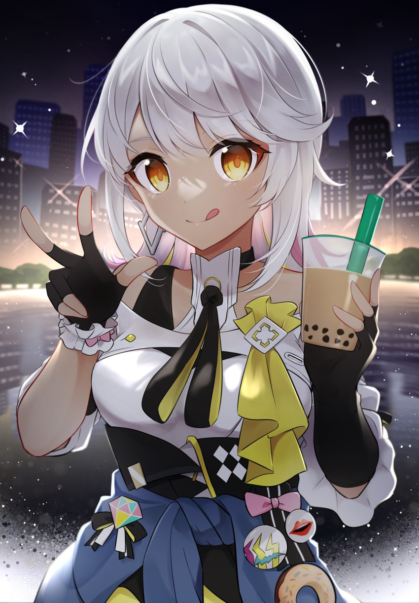 1girl, asymmetrical_gloves, bangs, bare_shoulders, black_gloves, carole_peppers, city, dark-skinned_female