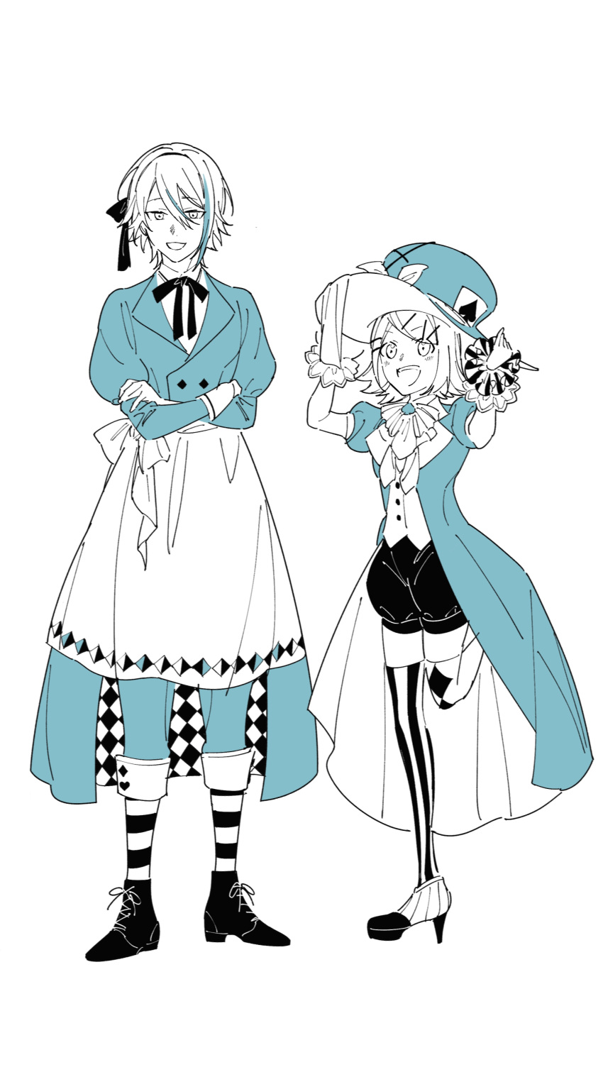 1boy, 1girl, absurdres, ankle_boots, apron, argyle, argyle_apron, argyle_legwear