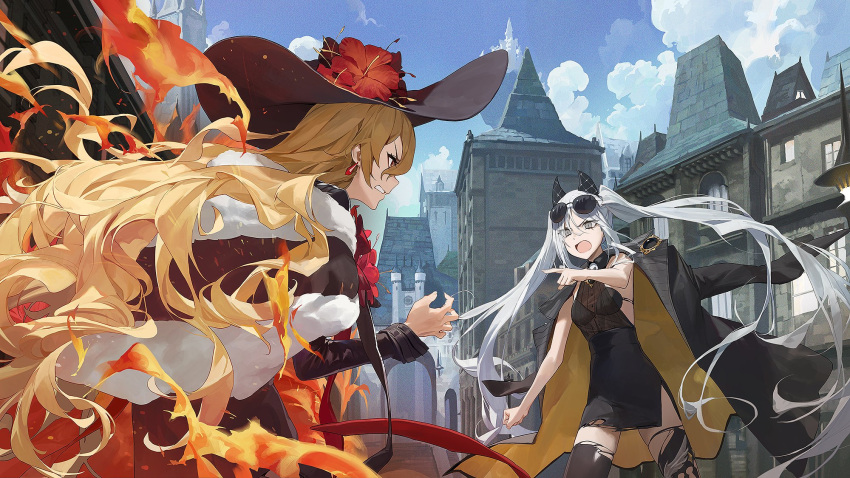 2girls, alchemy_stars, architecture, bangs, black_coat, black_legwear, black_skirt, blonde_hair