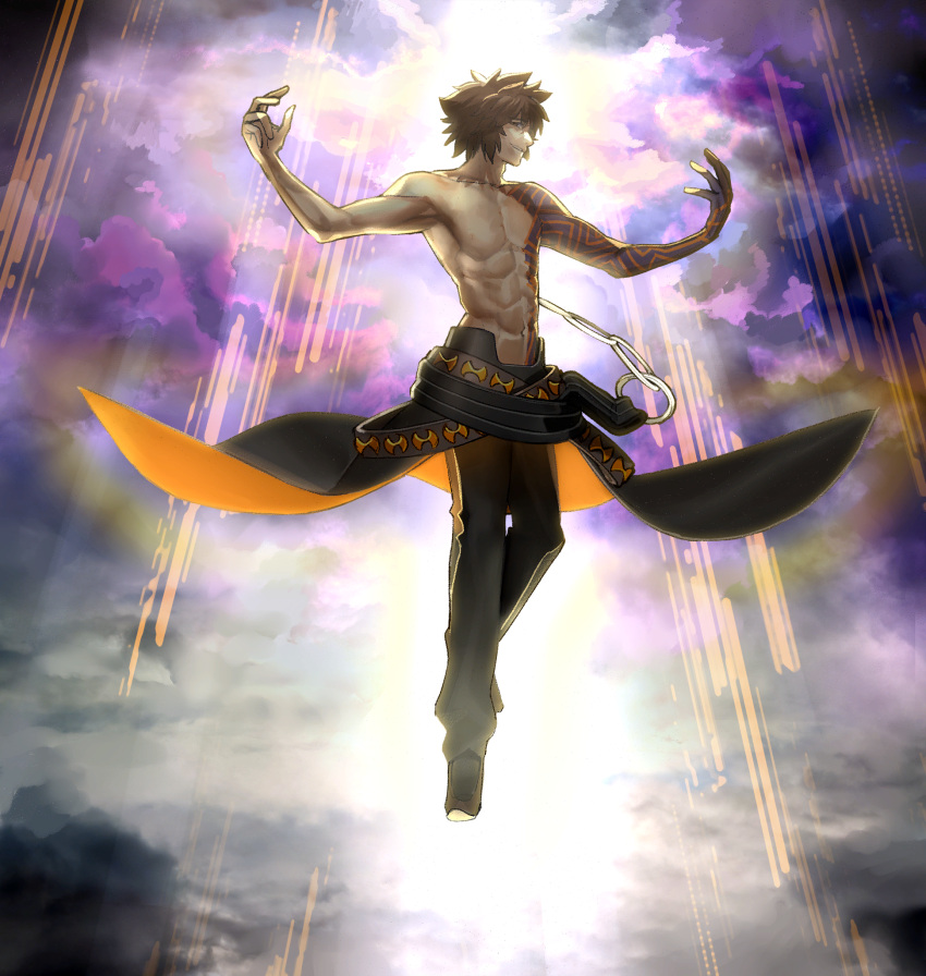 1boy, abs, archimedes_(fate), arm_tattoo, armpits, brown_eyes, brown_hair, chain