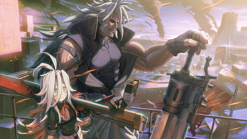 1boy, 1girl, abs, alchemy_stars, antenna_hair, bangs, banner, black_gloves