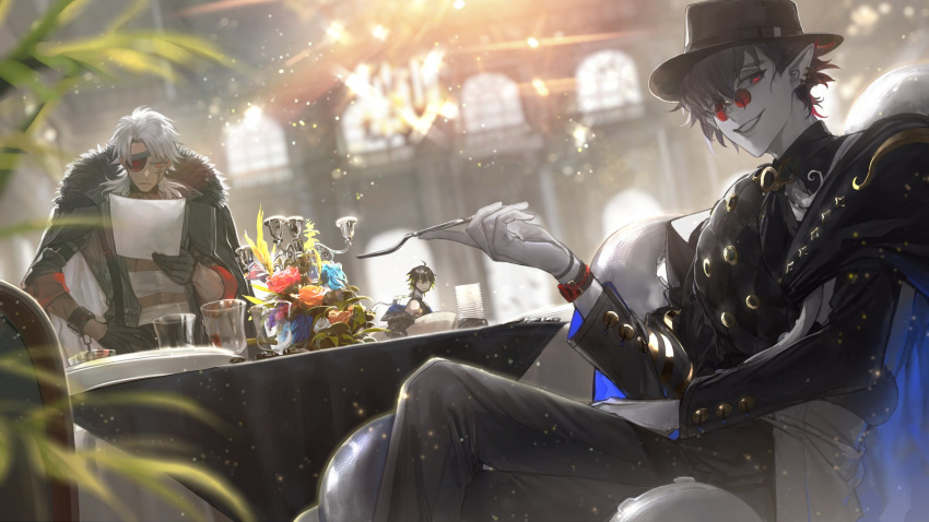 3boys, alchemy_stars, au_(d_elite), black_coat, black_gloves, black_headwear, black_pants, black_shirt