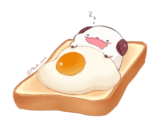 7mb_yut, :3, :p, artist_name, bread, chibi, closed_eyes, commentary, food, food_focus, horns, league_of_legends, no_humans, poro_(league_of_legends), simple_background, sleeping, sunny_side_up_egg, toast, tongue, tongue_out, white_background, zzz