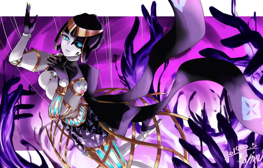 1girl, azami_(xenoblade), black_hair, blue_eyes, breasts, colored_skin, darkness, fire