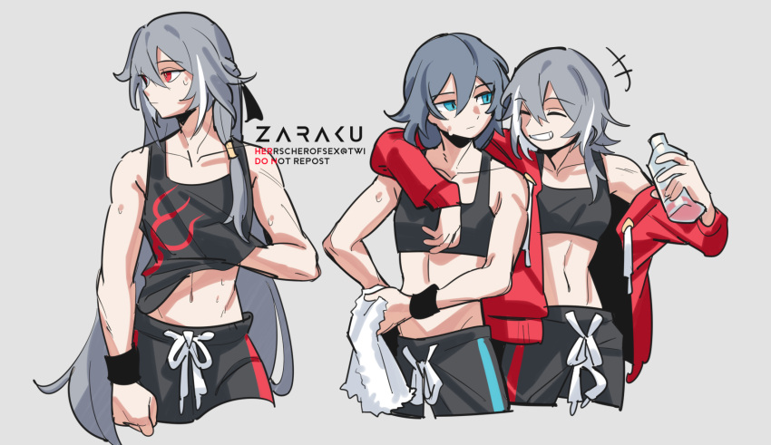 2girls, arm_over_shoulder, artist_name, bangs, banned_artist, bare_shoulders, black_hair, black_pants
