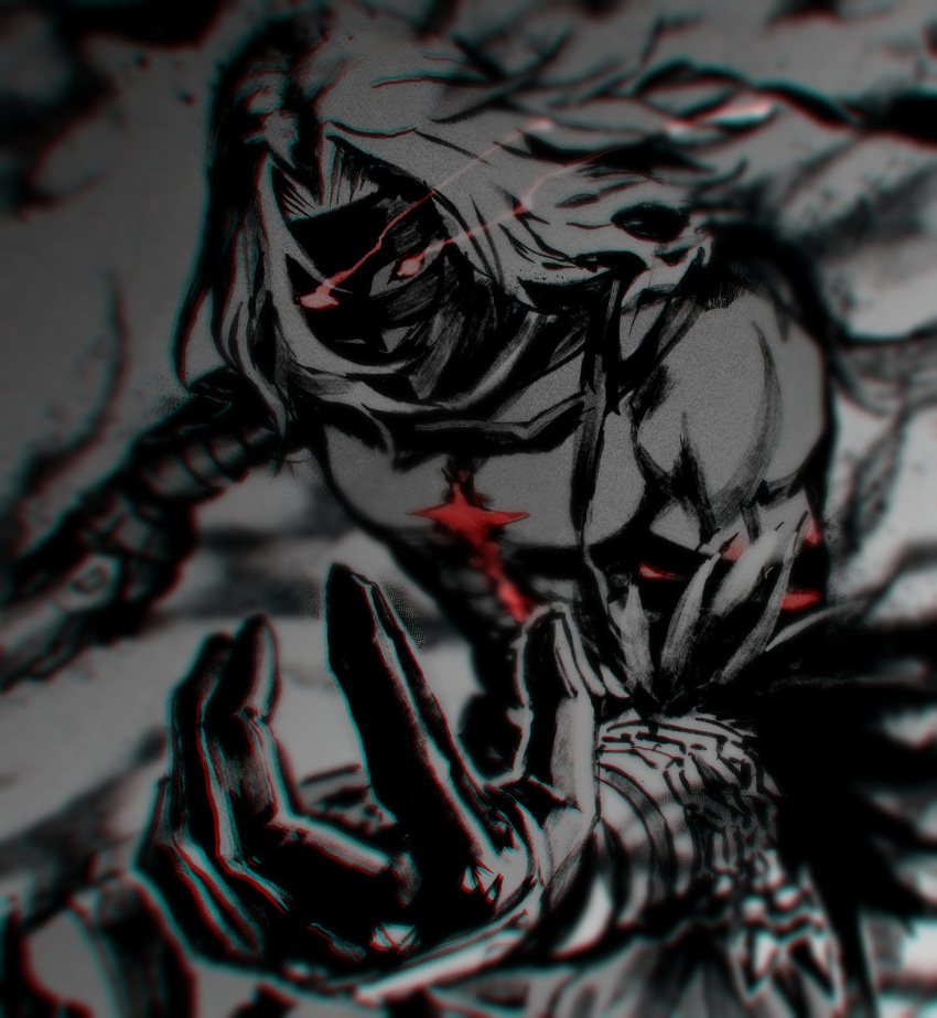 1boy, absurdres, ariko_k, armor, bandaged_head, bandages, blurry, chain