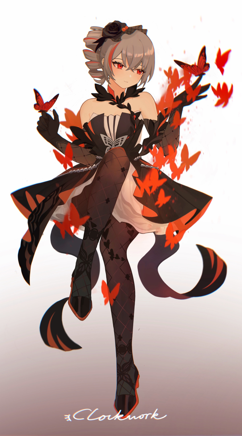 1girl, absurdres, artist_name, bangs, black_dress, black_footwear, black_gloves, black_legwear