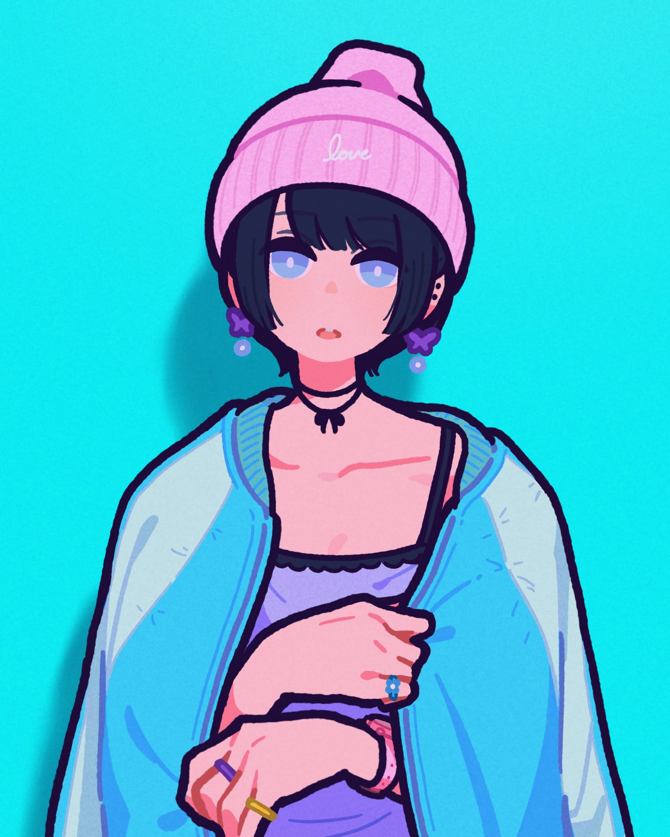 1girl, aqua_background, bangs, beanie, black_hair, blanket, blue_eyes, bright_pupils