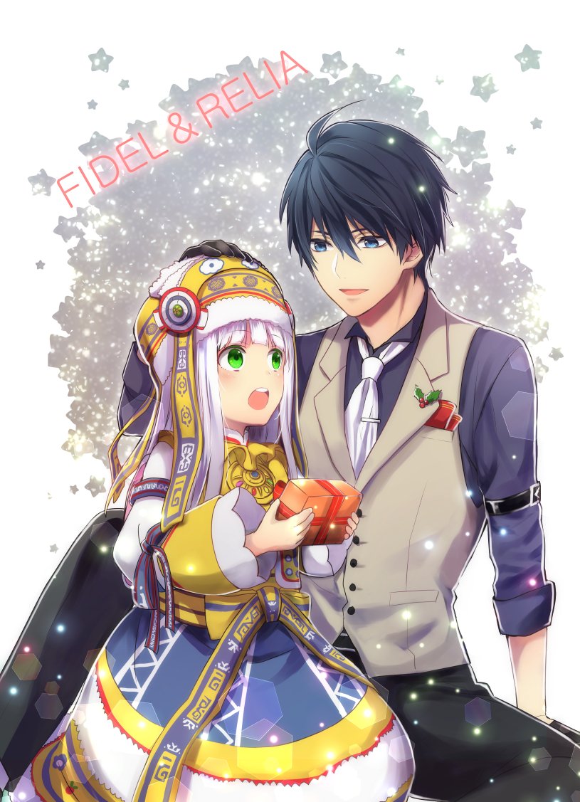 blue_eyes, blue_hair, christmas, dark_blue_hair, dress, fidel_camuze, formal, gift
