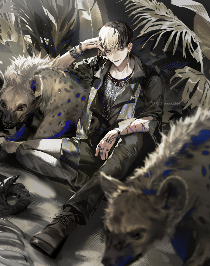 1boy, absurdres, animal, bangs, black_footwear, black_jacket, black_pants, blonde_hair