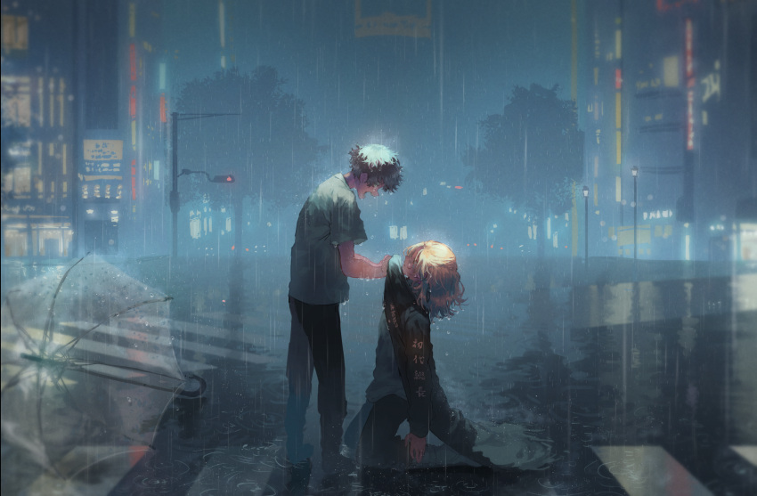 2boys, black_coat, black_hair, black_pants, blonde_hair, boots, coat, collar_grab