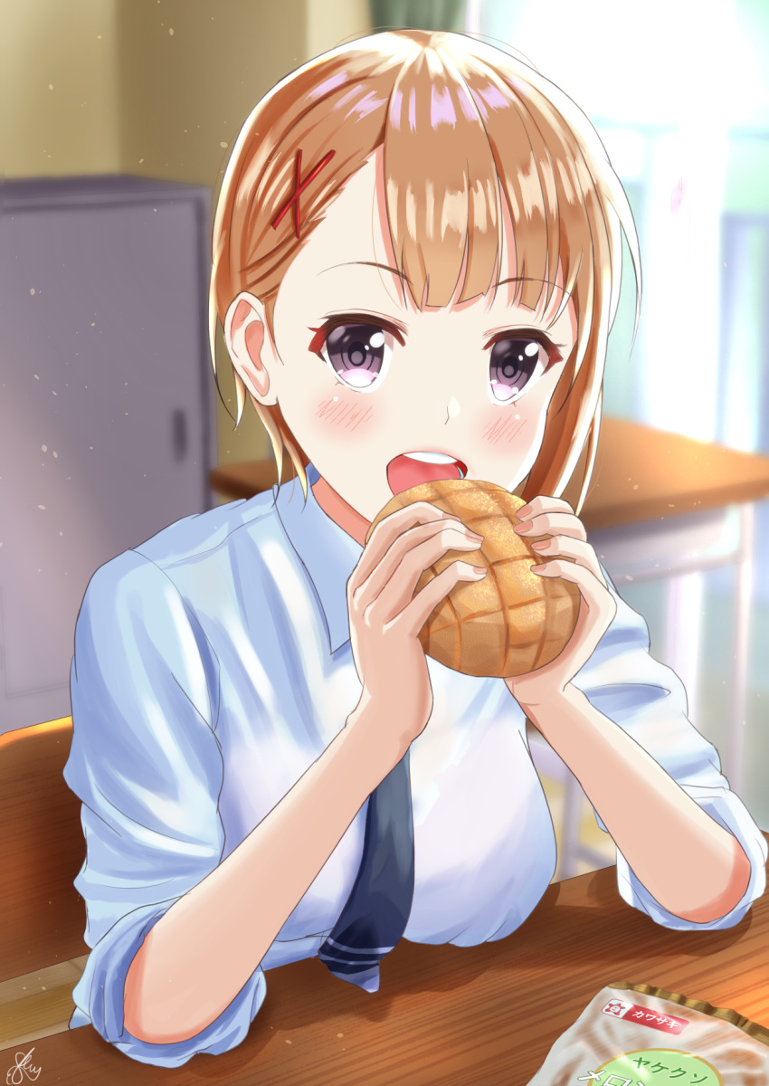1girl, akiyama0818, blue_necktie, blush, bread, classroom, collared_shirt, desk