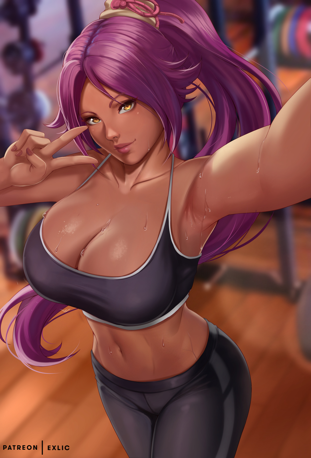 1girl, arm_up, armpits, artist_name, bare_shoulders, black_pants, black_sports_bra, bleach