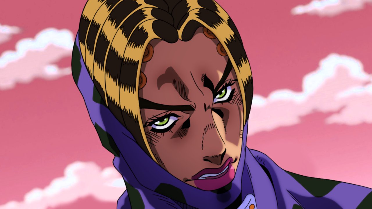 1boy, araki_hirohiko_(style), blonde_hair, grandguerrilla, green_eyes, jojo_no_kimyou_na_bouken, lipstick, looking_at_viewer, makeup, male_focus, official_style, parted_lips, pink_lips, pink_sky, rikiel, sanpaku, solo, stone_ocean