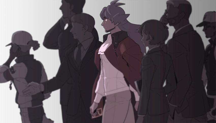 1girl, 6+boys, bangs, baseball_cap, blurry, buttons, commentary_request, dark-skinned_male