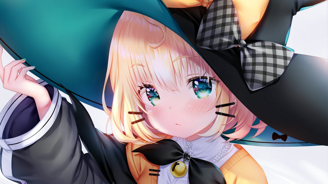 1girl, :/, aqua_nails, bell, black_bow, black_jacket, blonde_hair, blue_eyes, blush, bow, cardigan, closed_mouth, commentary, eyebrows_visible_through_hair, hair_ornament, hairclip, hat, head_tilt, jacket, long_sleeves, looking_at_viewer, millie_parfait, nail_polish, nijisanji, nijisanji_en, off_shoulder, orange_bow, orange_cardigan, plaid, plaid_bow, portrait, shirt, solo, virtual_youtuber, white_background, white_shirt, witch, witch_hat, zzz_(zzz00166403zzz)