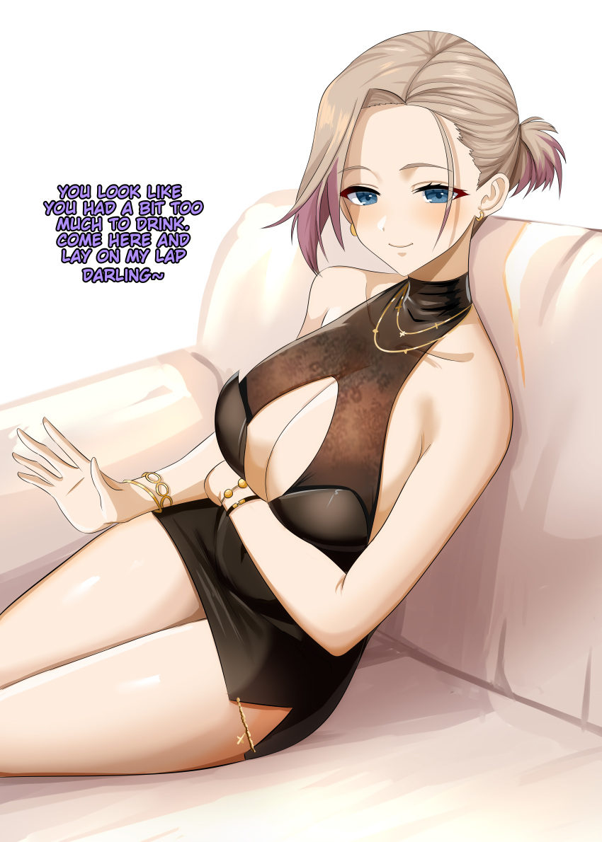 1girl, absurdres, azur_lane, bare_shoulders, black_dress, blue_eyes, bracelet, breasts