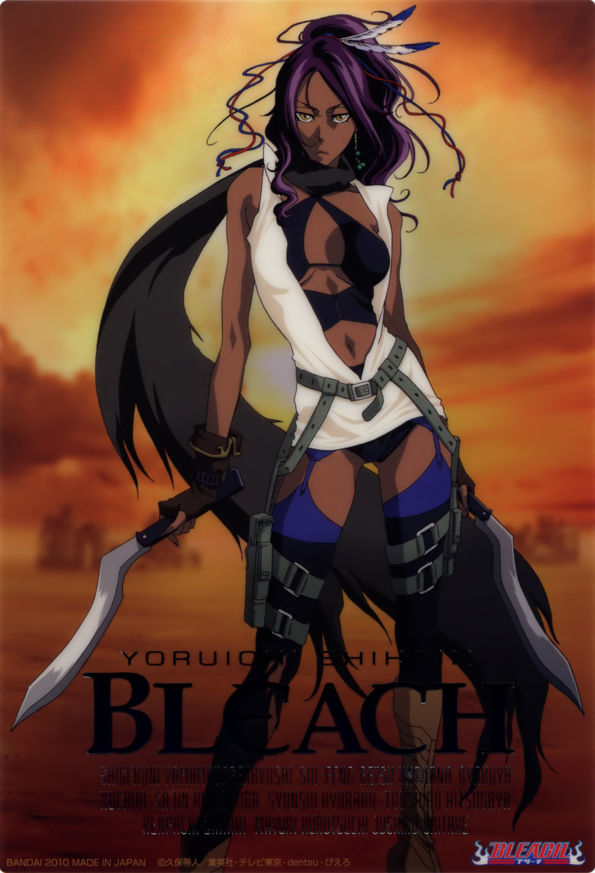 absurdres, bag, bleach, boots, card, cosplay, dark_skin, dual_swords, dual_wielding, earrings, feathers, fingerless_gloves, garter_belt, gloves, highres, jewelry, kubo_taito, machete, navel, purple_hair, resident_evil, resident_evil_(movie), satchel, scarf, shihouin_yoruichi, solo, text, thigh-highs, thigh_strap, thighhighs, weapon, yellow_eyes