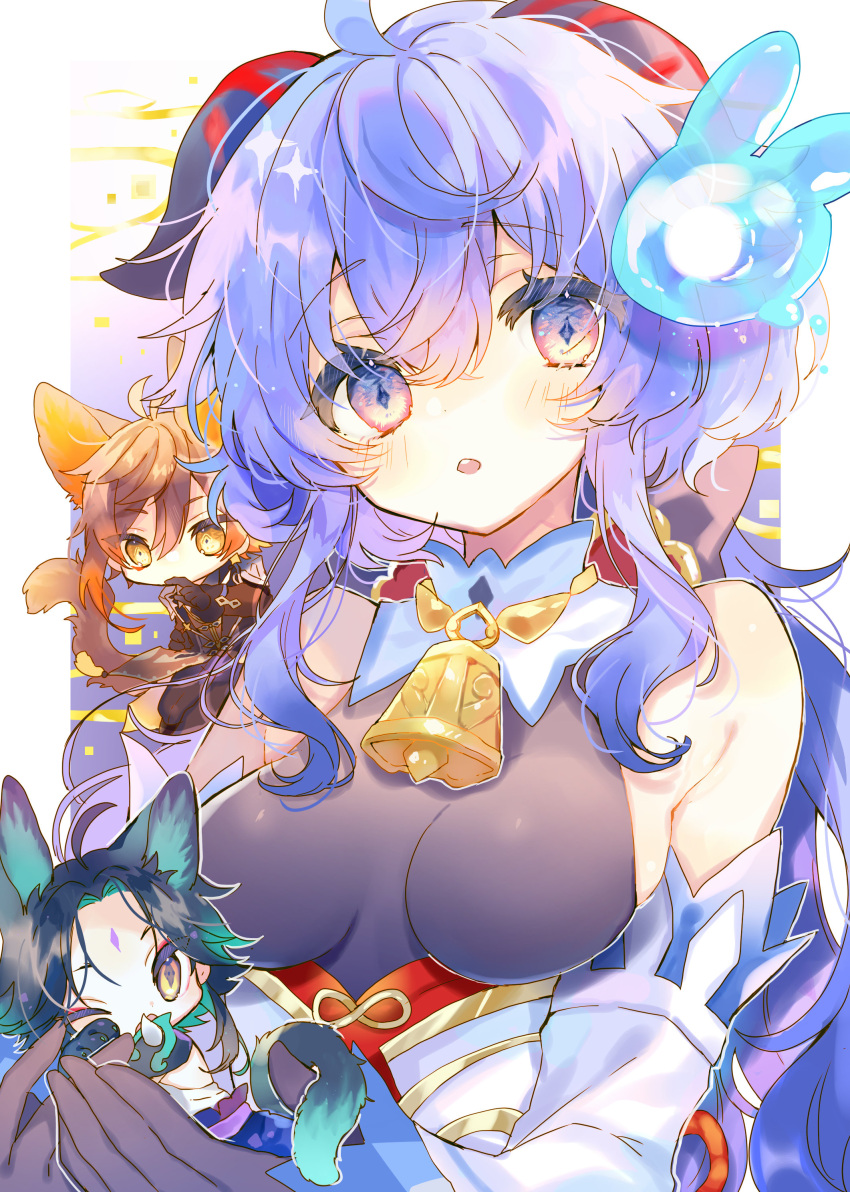 1girl, 2boys, absurdres, ahoge, animal_ears, antenna_hair, bangs, bell, black_gloves, black_hair, blue_hair, blush, breasts, brown_hair, coat, cowbell, detached_sleeves, earrings, eyebrows_visible_through_hair, eyelashes, facial_mark, forehead_mark, ganyu_(genshin_impact), genshin_impact, gloves, gradient_hair, green_hair, highres, horns, jewelry, long_hair, long_sleeves, looking_at_viewer, medium_breasts, miniboy, multicolored_eyes, multicolored_hair, multiple_boys, necon1, one_eye_closed, open_mouth, orange_hair, parted_lips, seelie_(genshin_impact), simple_background, single_earring, sparkle, tail, teeth, upper_teeth, xiao_(genshin_impact), yellow_eyes, zhongli_(genshin_impact)