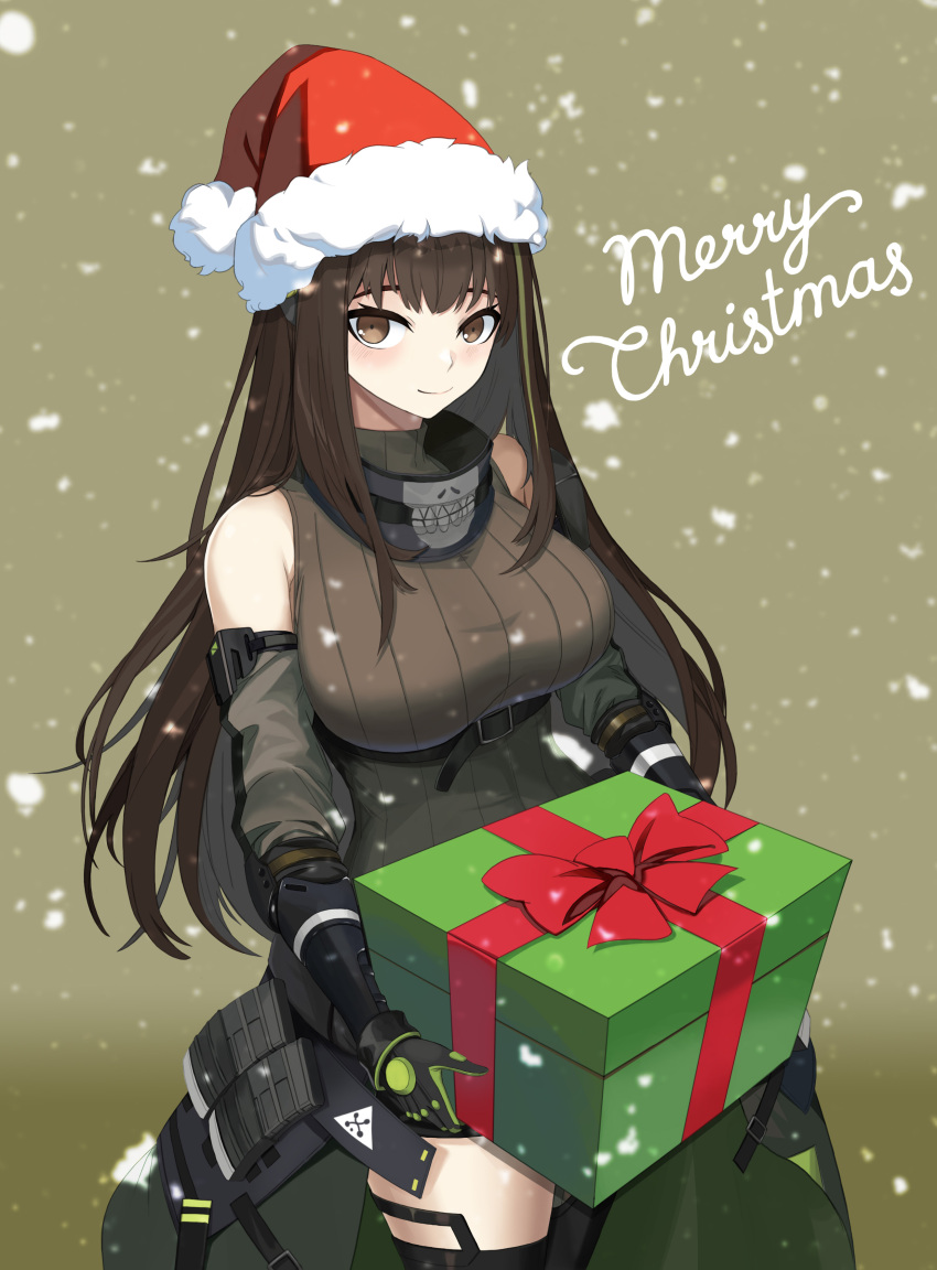 1girl, absurdres, black_gloves, box, breasts, brown_eyes, brown_hair, christmas