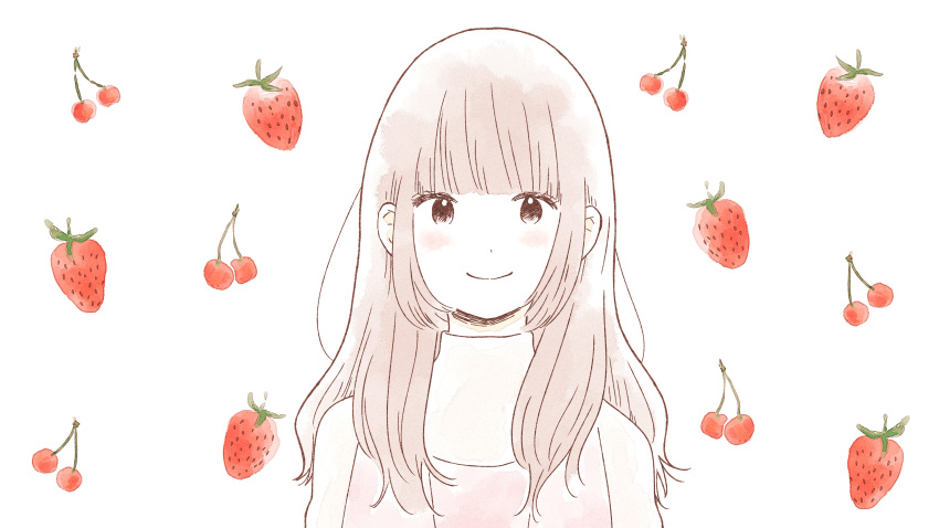 1girl, absurdres, bangs, blunt_bangs, character_request, cherry, cherry_background, closed_mouth