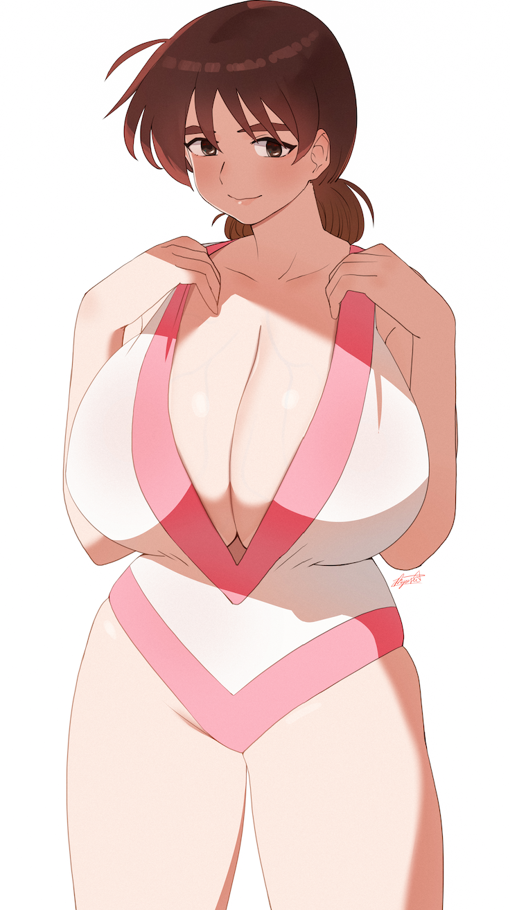 1girl, blush, breasts, brown_eyes, brown_hair, closed_mouth, commission, copyright_request