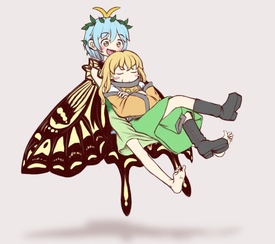 2girls, antennae, aqua_hair, barefoot, black_footwear, blonde_hair, blush, blush_stickers, boots, brown_eyes, butterfly_wings, closed_mouth, constellation_print, crossed_arms, dress, eternity_larva, eyebrows_visible_through_hair, fairy, fmn_(artist), green_dress, green_skirt, grey_background, hair_between_eyes, knee_boots, leaf, leaf_on_head, long_hair, matara_okina, multicolored_clothes, multicolored_dress, multiple_girls, no_hat, no_headwear, open_mouth, orange_sleeves, short_hair, simple_background, skirt, smile, tabard, touhou, wings
