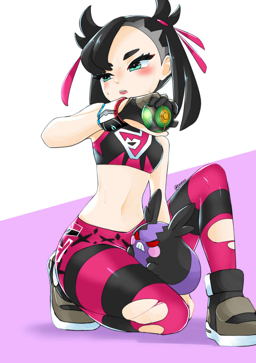 1girl, artist_name, asymmetrical_bangs, bangs, bare_shoulders, black_gloves, black_hair, blush