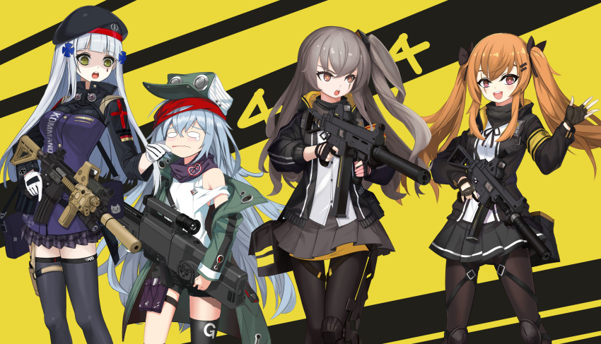 404_(girls'_frontline), 4girls, absurdres, armband, assault_rifle, bangs, beret, black_gloves