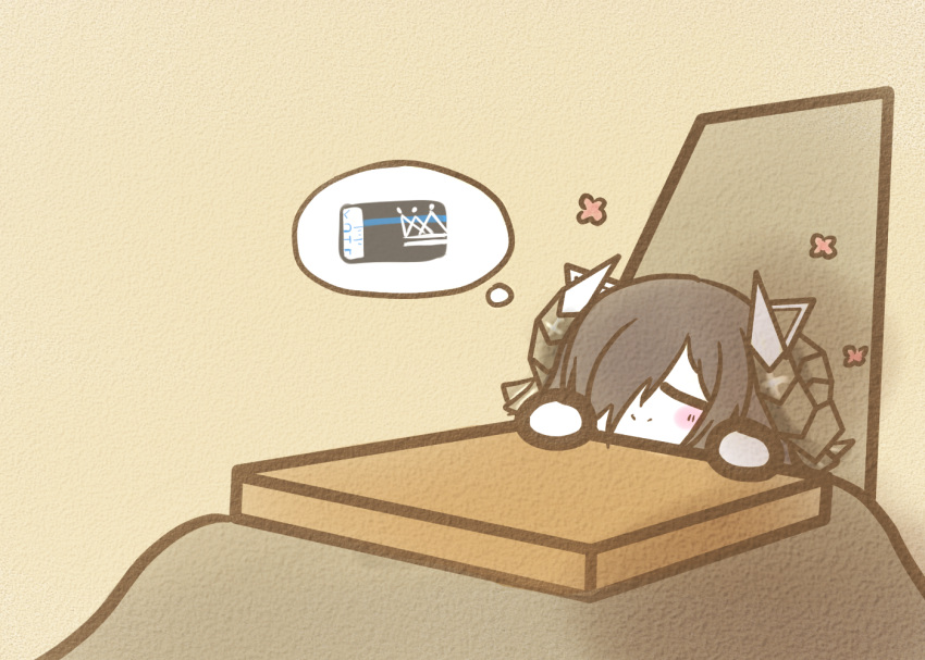 1girl, august_von_parseval_(azur_lane), azur_lane, ballot, black_hair, chibi, closed_eyes, curled_horns