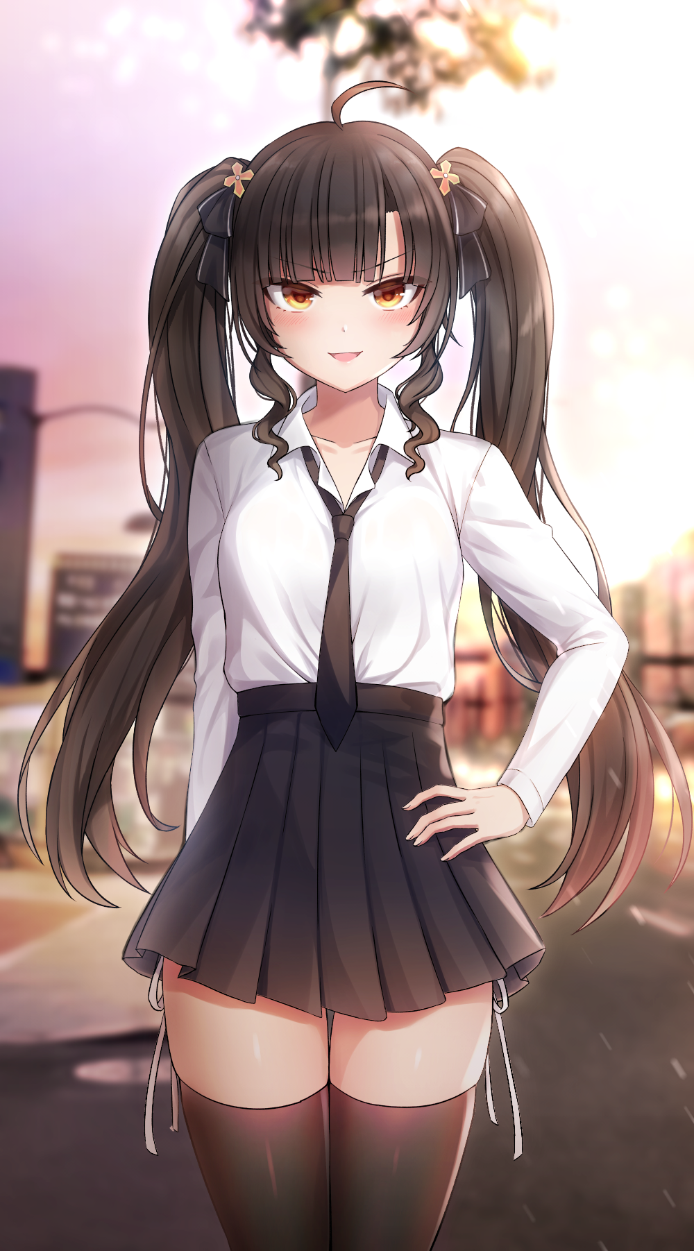 1girl, :d, ahoge, arm_behind_back, bangs, bindong, black_hair, black_legwear