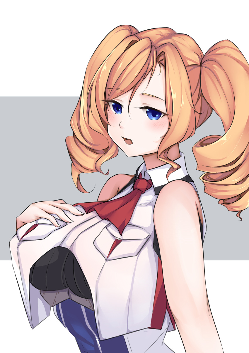 1girl, absurdres, ascot, bangs, blonde_hair, blue_dress, blue_eyes, breast_pocket