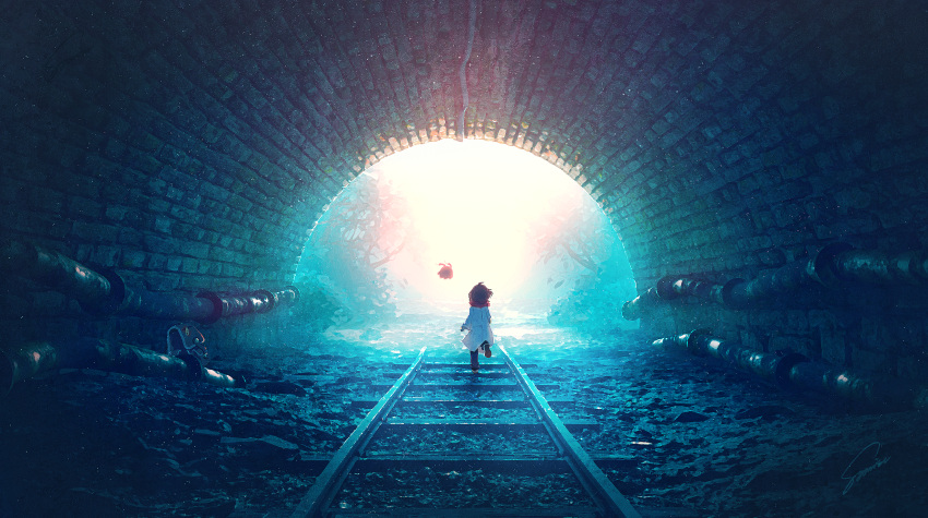 1girl, backpack, bag, branch, child, cowlick, highres, leaf, medium_hair, original, pipe, railroad_tracks, ruins, running, scenery, shoes, solo, sunlight, syanisu, tree, tunnel